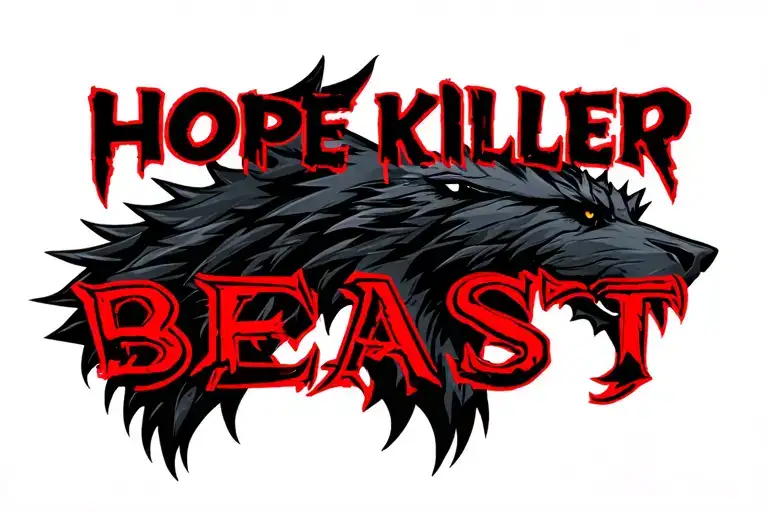 one centered black werewolf head with "HOPE KILLER" written above in red and the word "BEAST" written below tattoo design idea