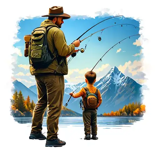 dad fly fishing with his son facing the mountins while standing tattoo design idea
