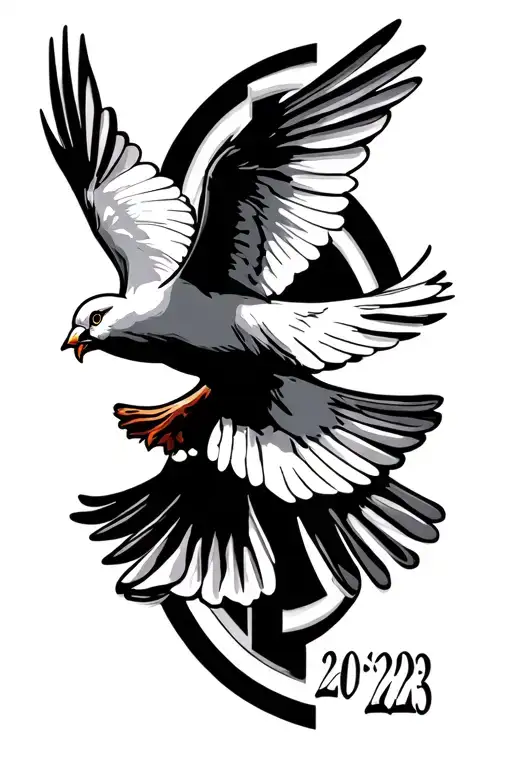 Roman numerals of 2•20•2023 with small dove flying tattoo design idea