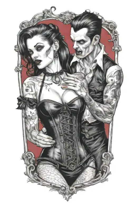 realistic scene of a gothic pinup girl waering corset and fishnets being bitten by a scary male vampire tattoo design idea