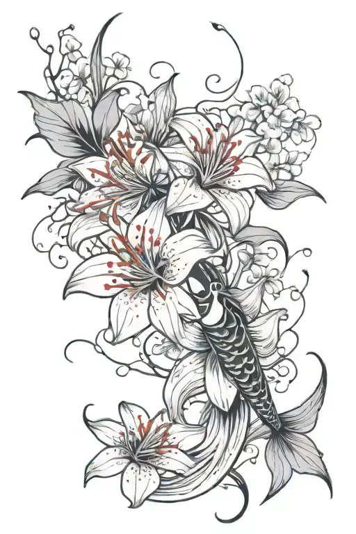 red spider lily, koi fish, line work, cherry blossom,  tattoo design idea