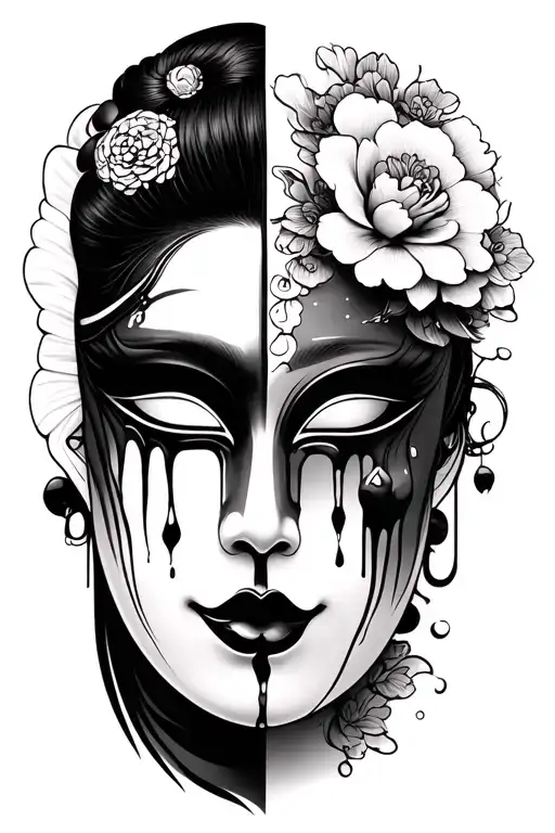 noh mask half with geisha and blood tears tattoo design idea