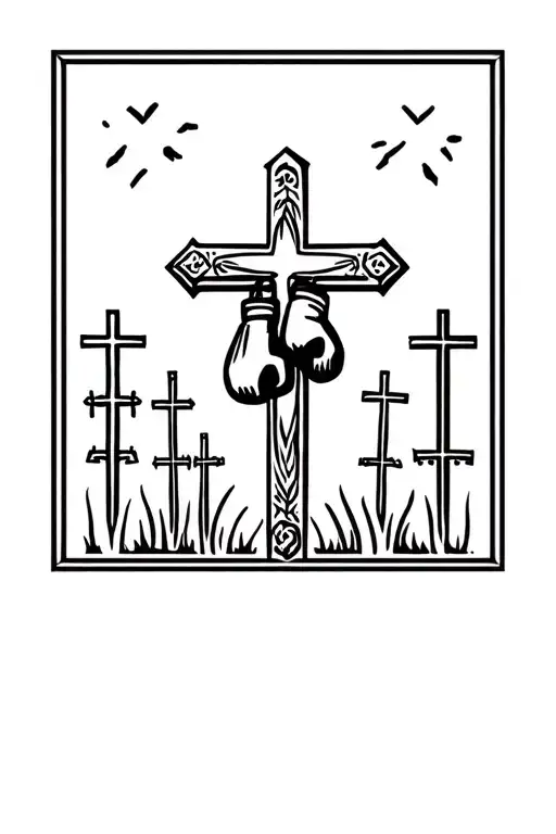 a garden of crosses with a big cross in the middle and it has boxing gloves hanging off of it  tattoo design idea