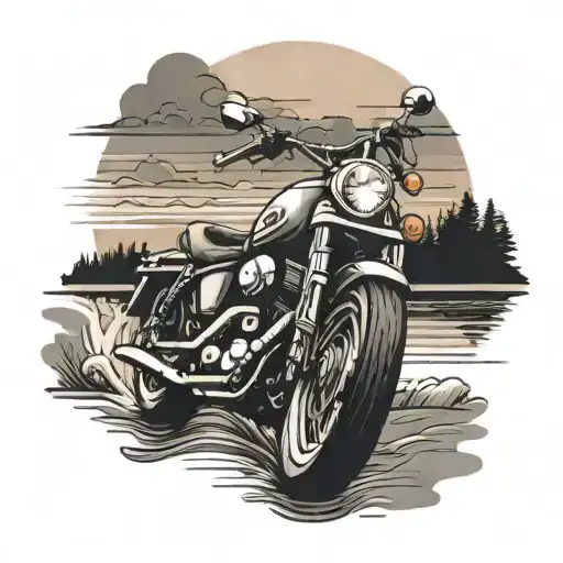 A motorcycle cruising along the shoreline of a lake at sunset tattoo design idea