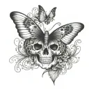 A butterfly with its wings spread but the two bottom halfs of the wings turn into the eyes for a skull which is below it tattoo design idea