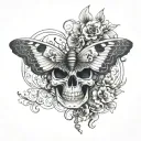 A butterfly with its wings spread but the two bottom halfs of the wings turn into the eyes for a skull which is below it tattoo design idea