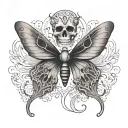 A butterfly with its wings spread but the two bottom halfs of the wings turn into the eyes for a skull which is below it tattoo design idea