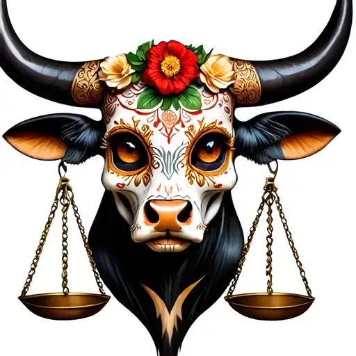 feminine bull with sugar skull markings, brown eyes and two Libra scales and dark background tattoo design idea
