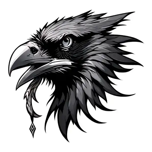 Raven head side profile with Norse theme behind tattoo design idea