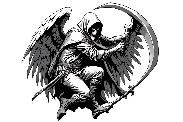a hooded guardian angel fightng against a grim reaper holding a scythe tattoo design idea