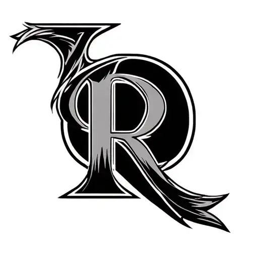 A tattoo with a stylized "R", about 4 to 5 cm high (equivalent to a third of the length of a medium biceps), tattoo design idea