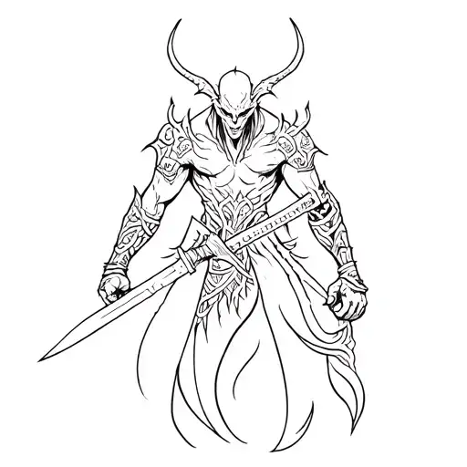Demon warrior with intricate knife designs tattoo design idea