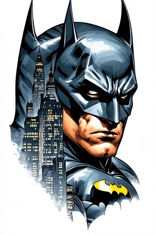 batman with gotham skyline quarter sleeve tattoo design idea