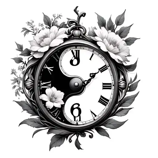 Number 8 with clock beautiful flowers a ying yang design inside one of the loops of the 8 which encased inside a larynth tattoo design idea