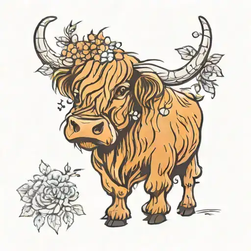 highland cow with flowers  tattoo design idea