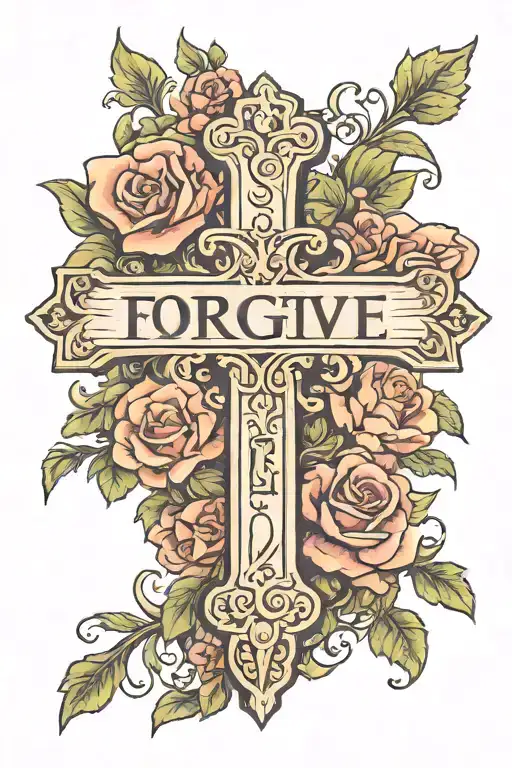 word 'forgive' across a wooden cross made tattoo design idea