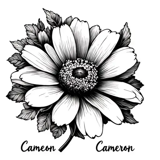 cosmos flower with the name Cameron written in cursive for the stem tattoo design idea