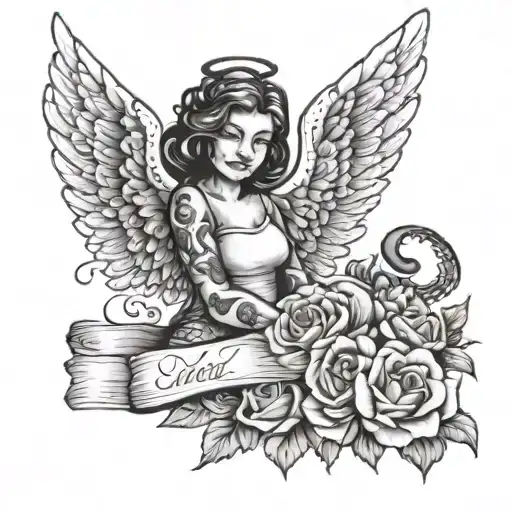 Memorial tattoo for friend who loves cats with a handwritten note. Friend shown as an angel. tattoo design idea