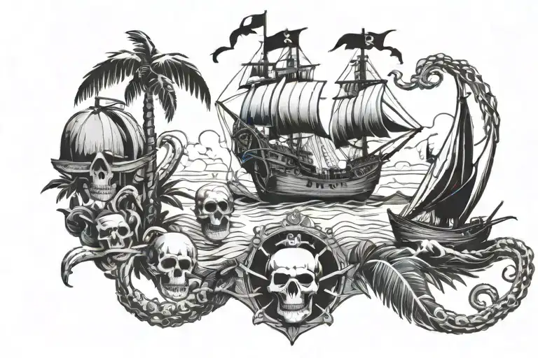 palm trees pirates skulls boats octopus sharks tattoo design idea