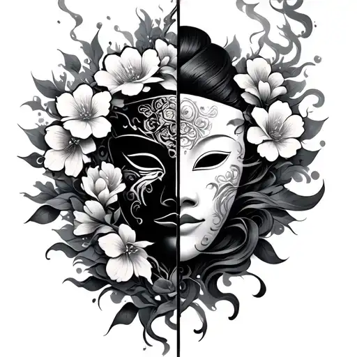 Japanese style design featuring mask split in half surrounded by flowers and smoke  tattoo design idea
