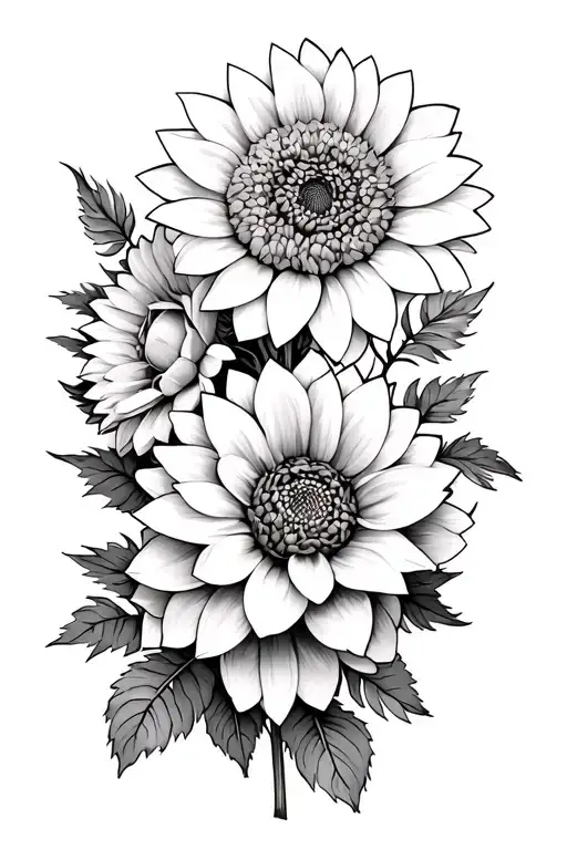 dahlia flower with dasies, roses and sunflowers tattoo design idea