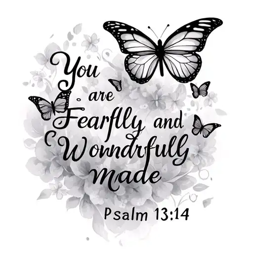 "You are fearfully and wonderfully made-Psalm 139:14" with butterflies sitting on it tattoo design idea