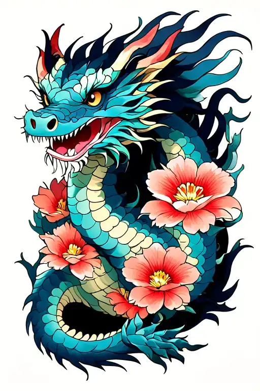spirited away anime dragon with flowers tattoo design idea
