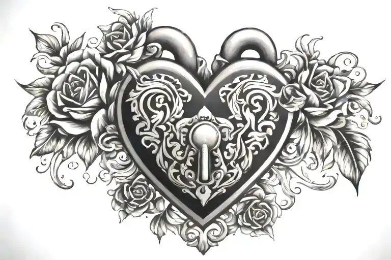 flaming heart shaped lock with flowers tattoo design idea