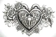flaming heart shaped lock with flowers tattoo design idea