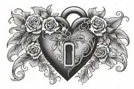 flaming heart shaped lock with flowers tattoo design idea