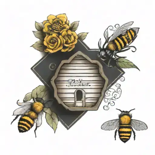 bee hive with family names incorporated tattoo design idea