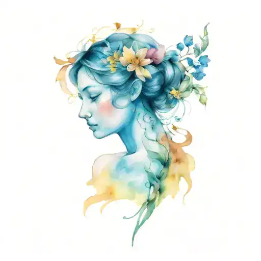flowers interwoven Virgo maiden holding tattoo design idea