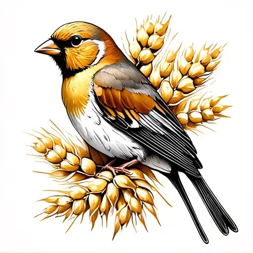 Wheat and gold finch tattoo design idea