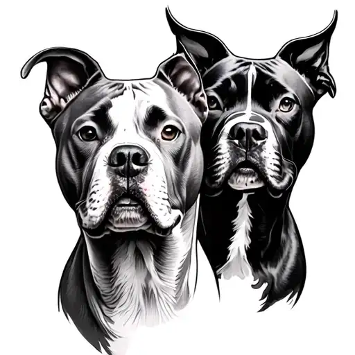 Black and white tattoo of two pitbull heads, Ivan on left facing left, Pablo on right facing right, ears intact. Cool, s tattoo design idea