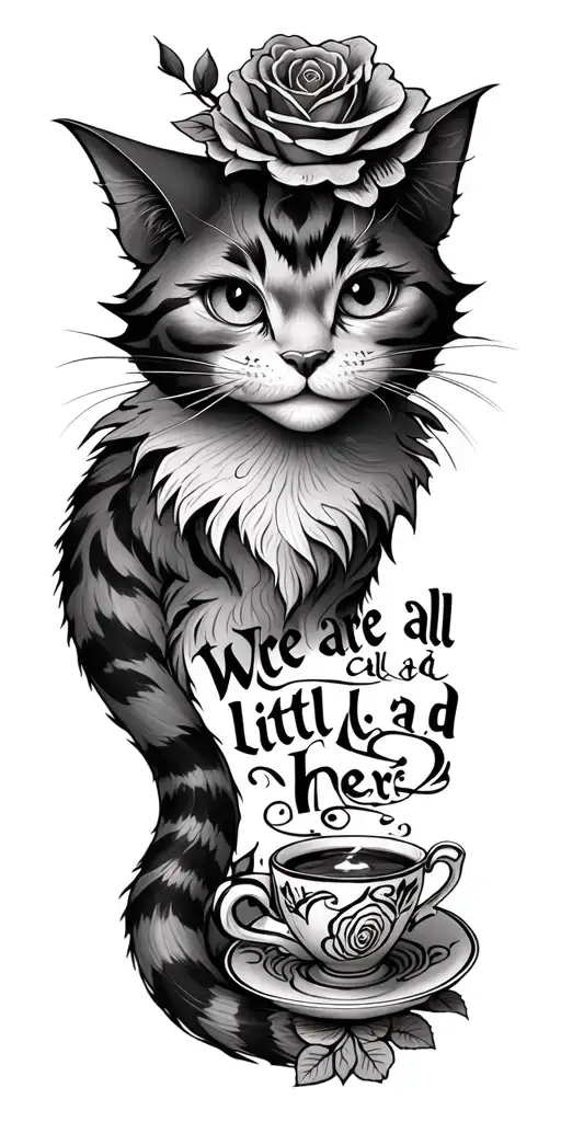 "We are all a little mad here" "We are all a little mad here"  disney style cheshire cat with tail intertwined with tea cup and rose tattoo design idea