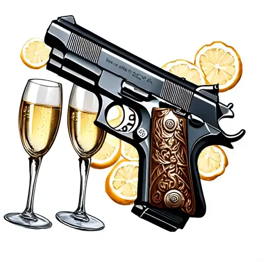 1911 pistol with brass knuckles and champagne glass tattoo design idea