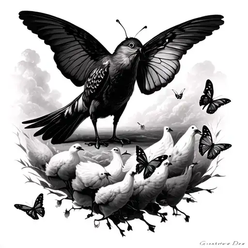 Make a tattoo of an angle in the style of Gustave Dore’s engravings and have that angle standing on a flock of butterfli tattoo design idea