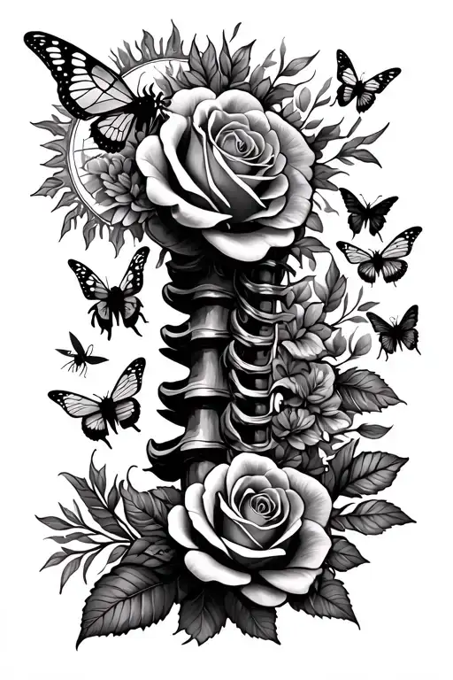 Create a spine tattoo that has flowers, roses, butterflies, the sun, dragon flys, bumble bees and leaves  tattoo design idea