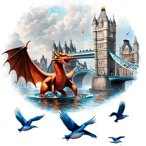 A large Red Wyvern, flying around the London Bridge with seven smaller Blue Jays. Water at the bottom of the design. tattoo design idea