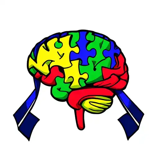 red green yellow autism puzzle brain wrapped in blueish purple ribbon tattoo design idea