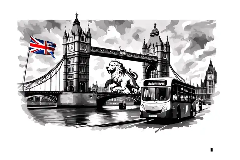 tower bridge, big Ben, st George's flag, lion, London bus, London underground tattoo design idea