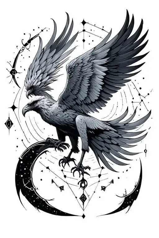 pheonix rising with Aquarius constellation surrounded tattoo design idea