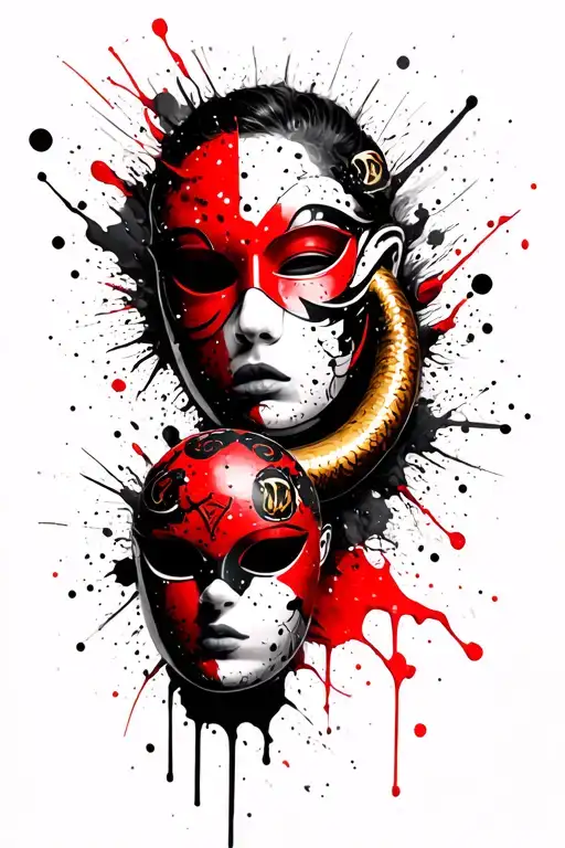 Gemini zodiac sign, ball piton, mask holding tattoo design idea