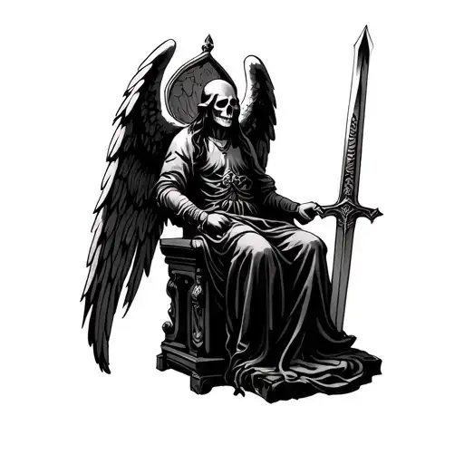realistic angel of death sitting on a throne holding a sword tattoo design idea