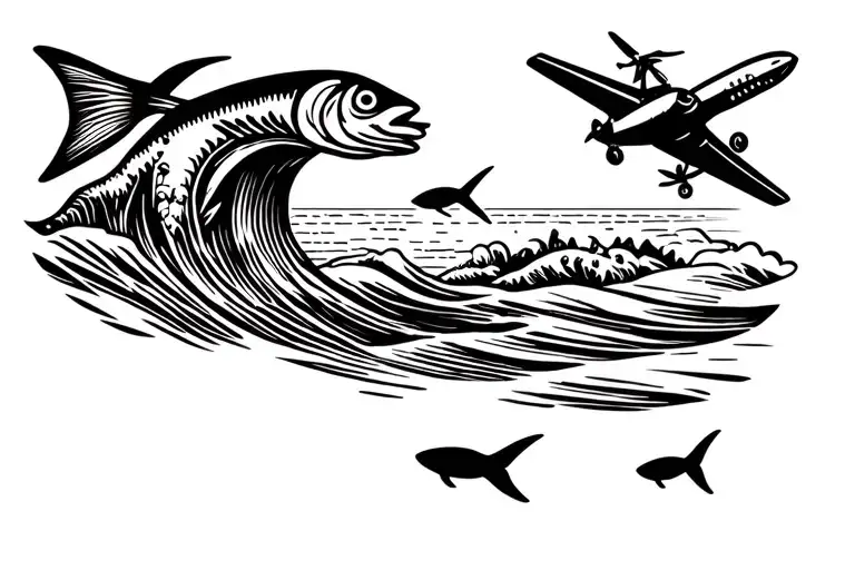 Sea waves, fish and airplane flying tattoo design idea