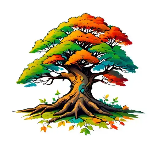 tree with 3 planks on trunk. colourful leaves tattoo design idea