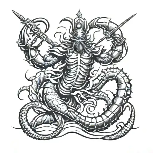 Poseidon riding a california spiny lobster  tattoo design idea