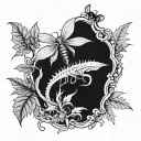 A tattoo design featuring a Venus flytrap and a black widow spider intertwined, set against a backdrop of a dark and mysterious rainforest tattoo design idea