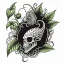 A tattoo design featuring a Venus flytrap and a black widow spider intertwined, set against a backdrop of a dark and mysterious rainforest tattoo design idea