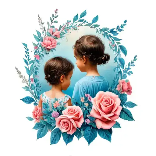 mon and 2 children with flowers and roses tattoo design idea